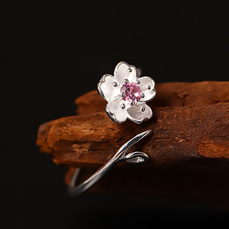 Ring 925 Silber Sakura-Blüte mit rosa Stein Segen Glück