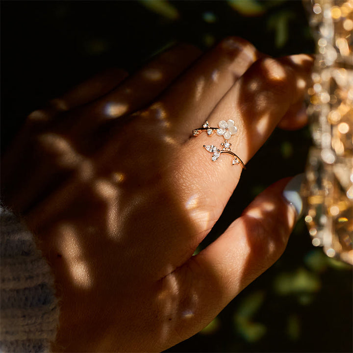 Ring 925 Silber Weiße Blume getragen eleganter Schmuck Glück Segen