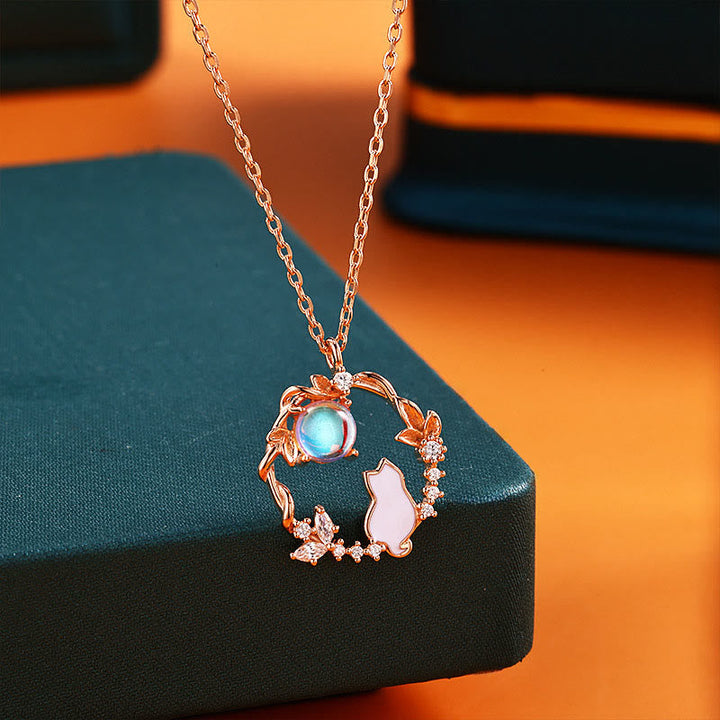 Silber Kette Sterlingsilber Katze Blume Segen mit blauem Stein Anhänger