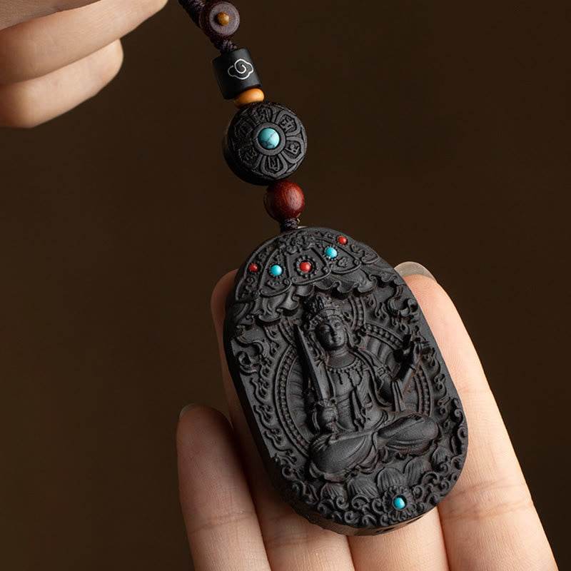 Schlüsselanhänger Natal Buddha Ebenholz – Segen Türkis Perlen spirituell handgeschnitzt