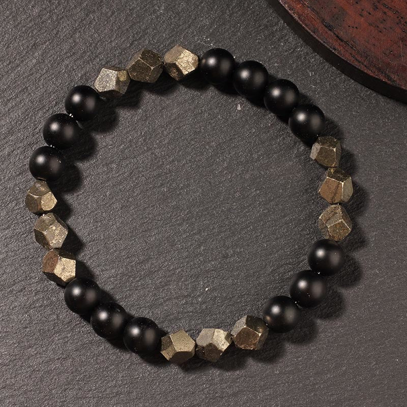 Armband Pyrit Gefrosteter Stein Selbstvertrauen Gleichgewicht schwarze Perlen Schieferstein