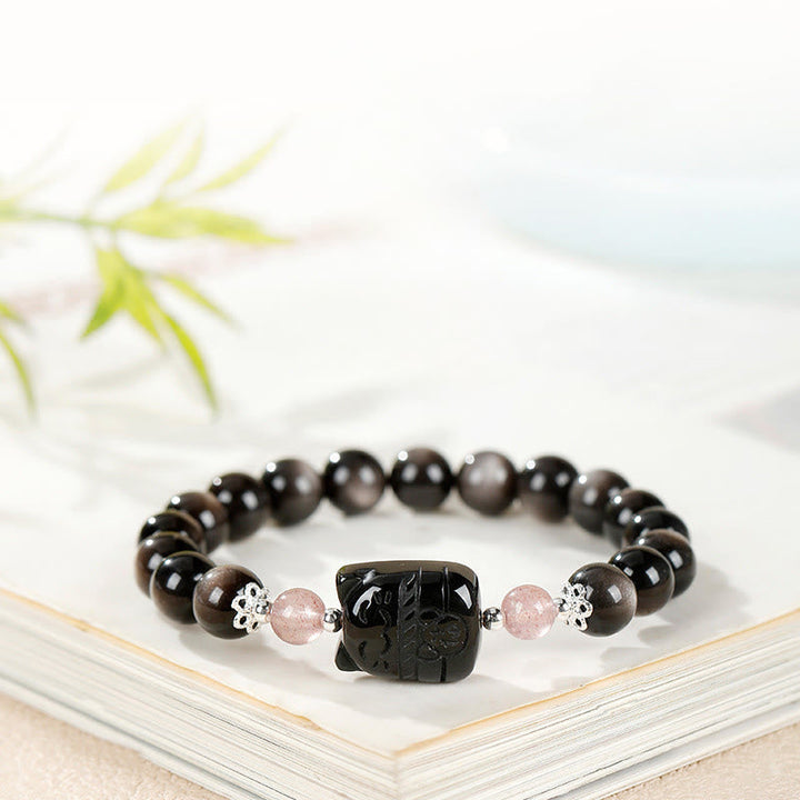 Armband Silber Obsidian Erdbeerquarz Katze Schutz Energie auf Buch