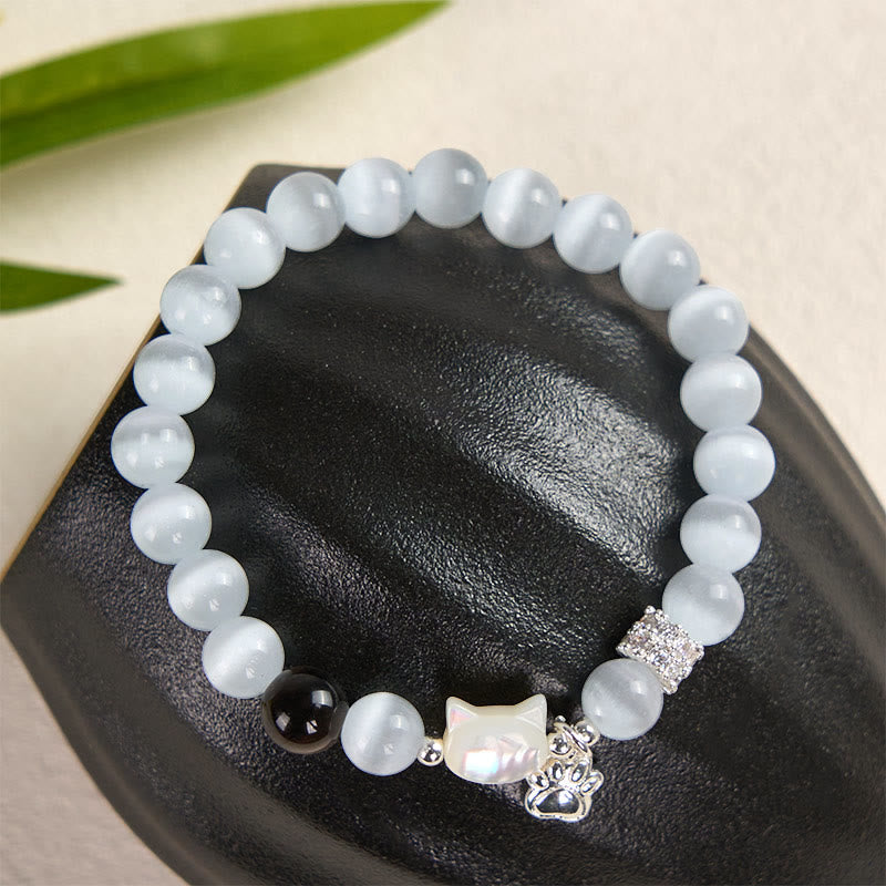 Armband Silber Obsidian Katze – Positivität mit weißen Perlen und Pfötchen-Anhänger