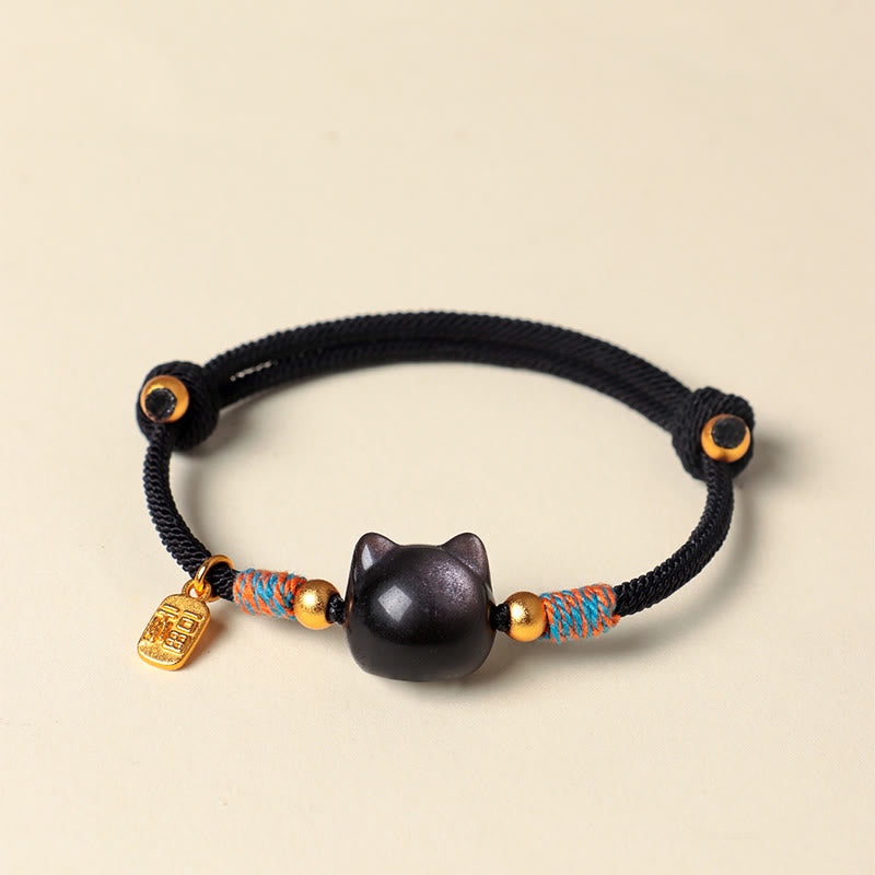 Armband Silber Obsidian Kristall Fu-Zeichen Schutz Katze schwarzes geflochtenes Band