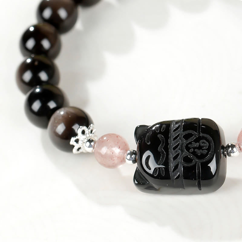 Armband Silber Obsidian Erdbeerquarz Katze Schutz Energie Schmuck Detail
