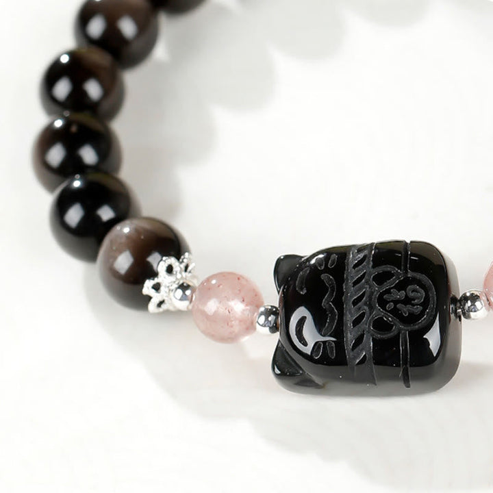 Armband Silber Obsidian Erdbeerquarz Katze Schutz Energie Schmuck Detail