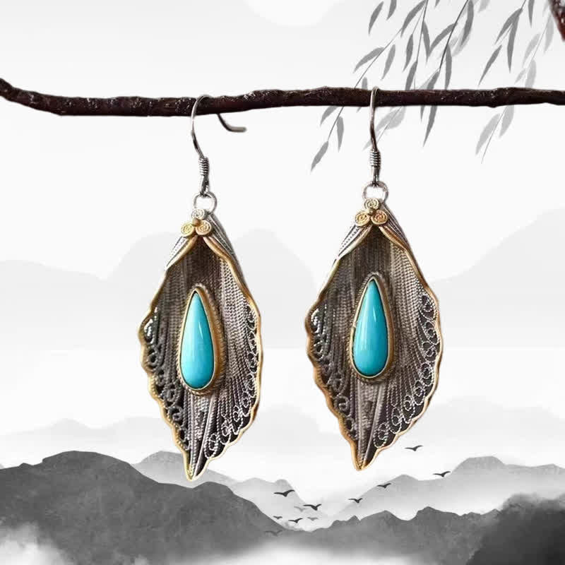 Ohrringe Silber Türkis Bodhi-Blatt – Schutz Boho Schmuck spirituell Ohrhänger