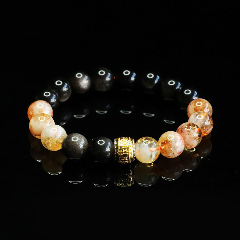 Armband Silber Obsidian Citrin Om Mani Padme Hum – Schutz auf schwarzem Hintergrund