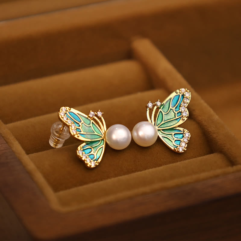 Ohrringe Perle Schmetterling Silber Vergoldet türkis emailliert Schmuck elegant Schmuckschatulle