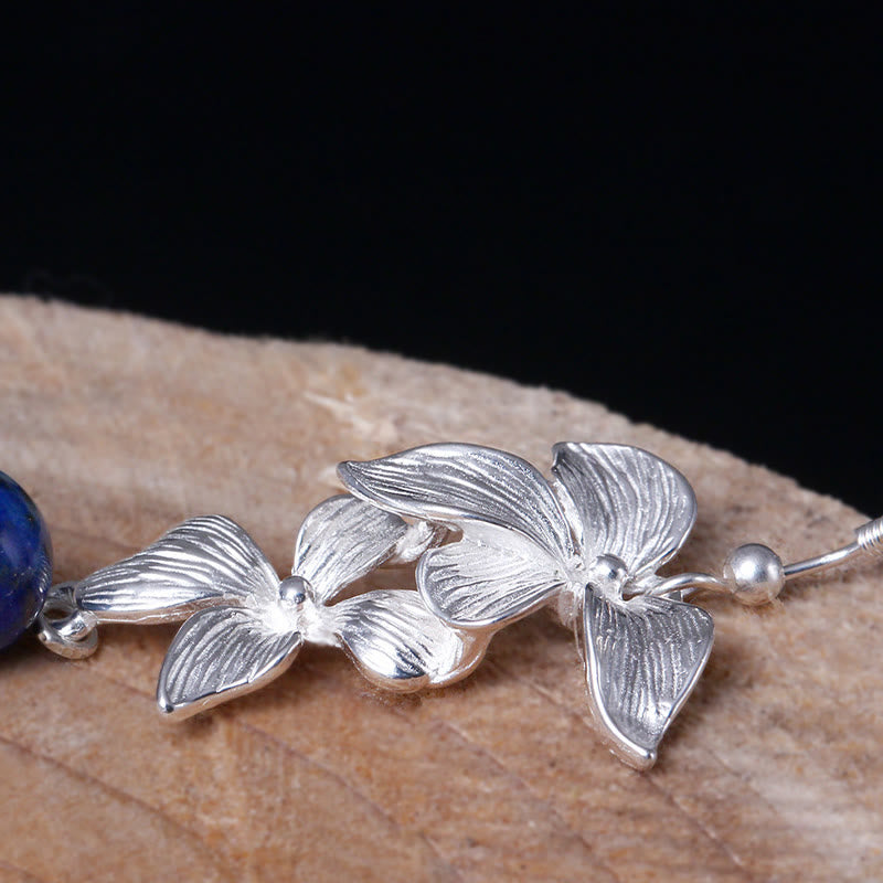 Ohrringe Silber Lapislaziti Blume Nahaufnahme Holz Boho Schmuck spirituell