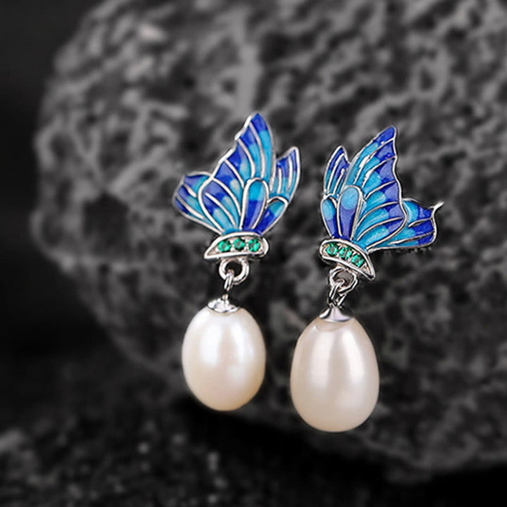 Ohrringe Silber Perle Schmetterling blau emailliert Boho Schmuck spirituell