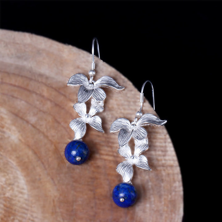 Ohrringe Silber Lapislaziv Blume Boho Schmuck spirituell Ohrhänger Holz