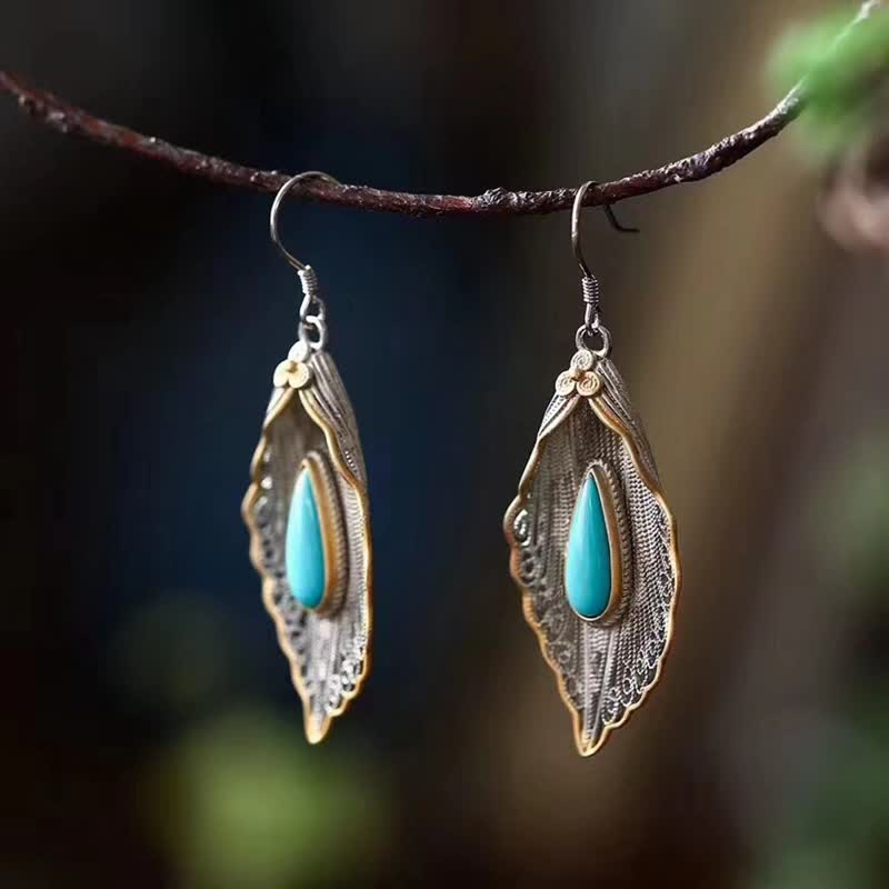 Ohrringe Silber Türkis Bodhi-Blatt Schutz Boho Schmuck Ohrhänger spirituell