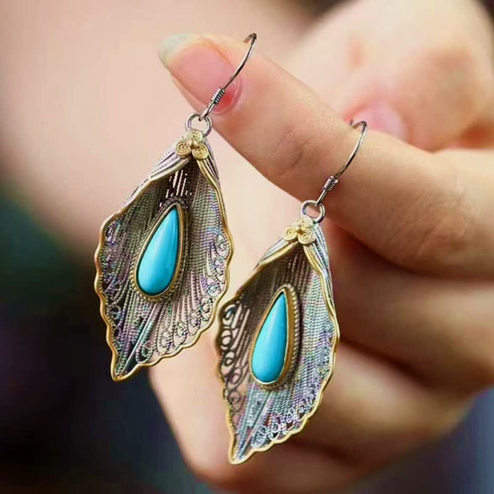 Ohrringe Silber Türkis Bodhi-Blatt Schutz getragen Boho Schmuck spirituell