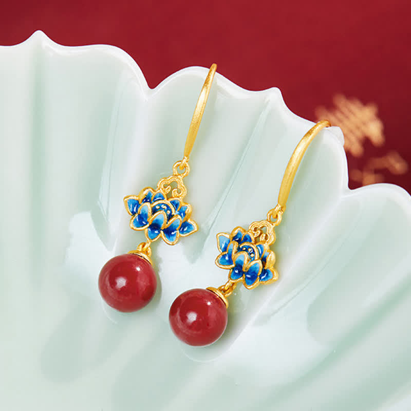 Ohrringe Zinnober Silber Lotus rote Perle blaue Blüte Boho Schmuck