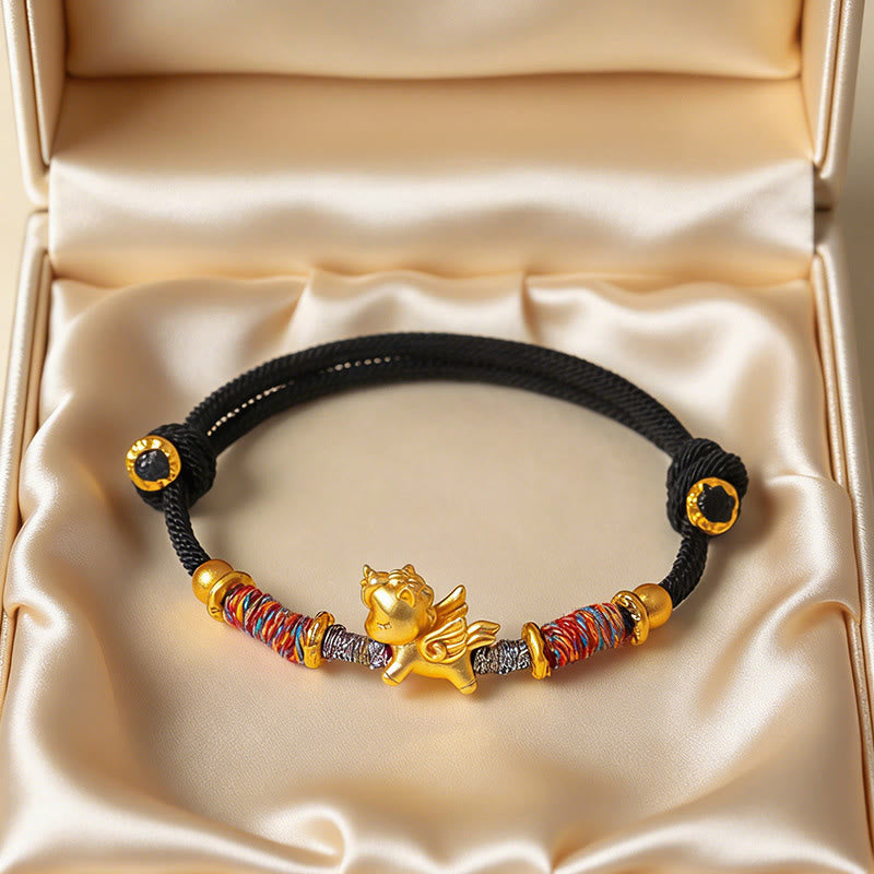 Armband Pferd 999 Silber Vergoldet Schutz schwarzes Band Schmuckbox