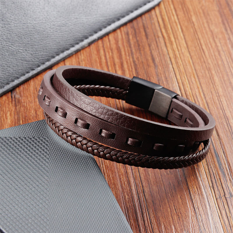 Armband Titanstahl Buckle Layered Geflochten Leder Ruhe braun mehrlagig Herren
