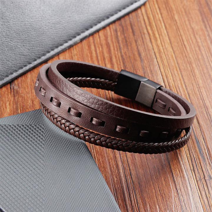 Armband Titanstahl Buckle Layered Geflochten Leder Ruhe braun mehrlagig Herren