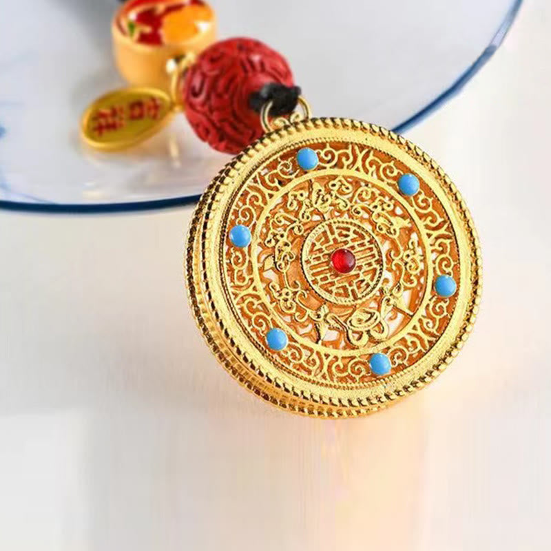 Goldener Schlüsselanhänger Fu Ruyi Glücksbringer mit Türkis und Zinnober Detail