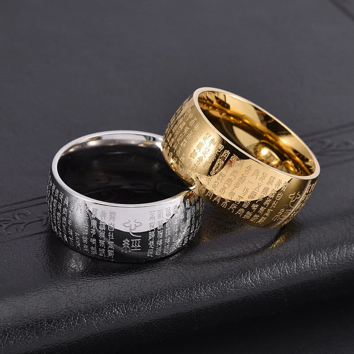 Herzsutra Ring Titanstahl Silber Gold Tibetisches Siegel Balance
