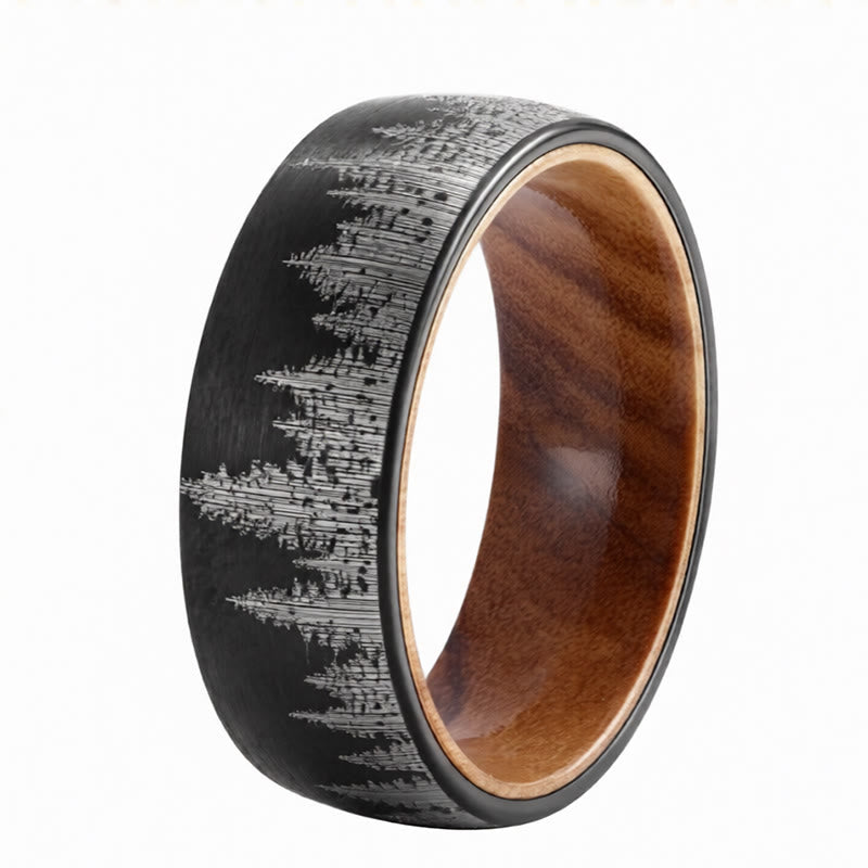 Tungstenstahl Ring mit Waldmuster und Holzinlay – Stärke Natur