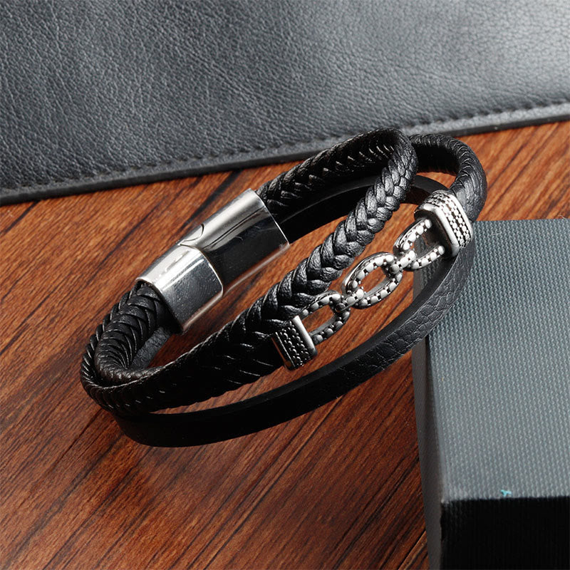 Chain Link Lederarmband Titanstahl Stärke schwarzes Leder Magnetverschluss