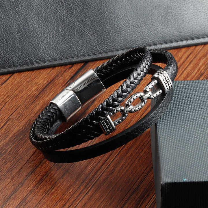 Chain Link Lederarmband Titanstahl Stärke schwarzes Leder Magnetverschluss