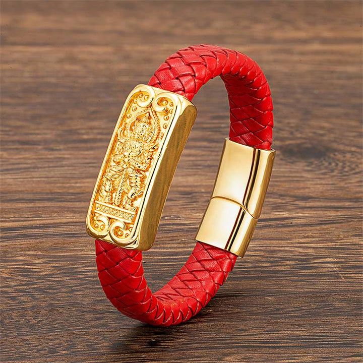 Rotes Leder Armband Buddha Symbol Titanstahl Magnetverschluss Stärke Glück