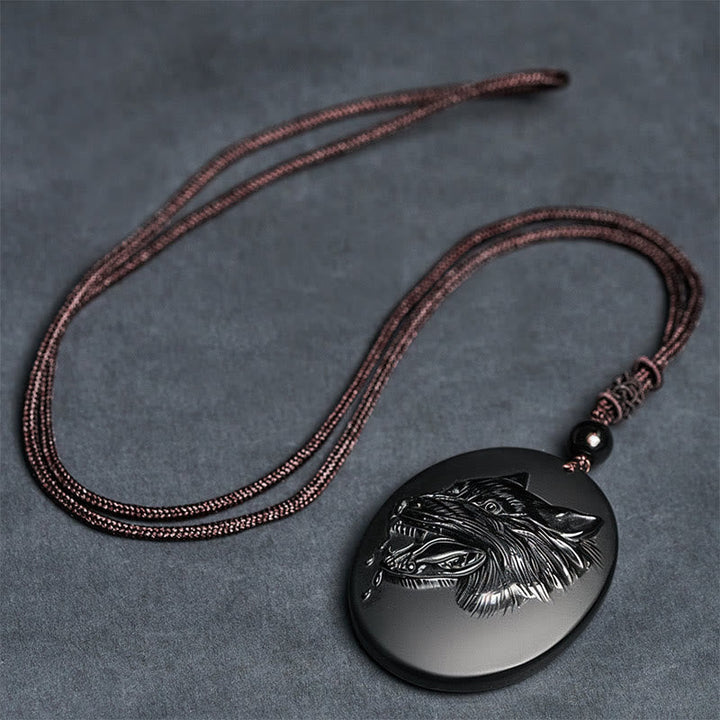 Schwarze Obsidian Wolf Kette Anhänger Naturstein Kraft Stärke