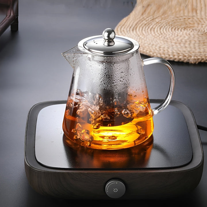 Teekanne Glas mit Sieb Warmhalteplatte