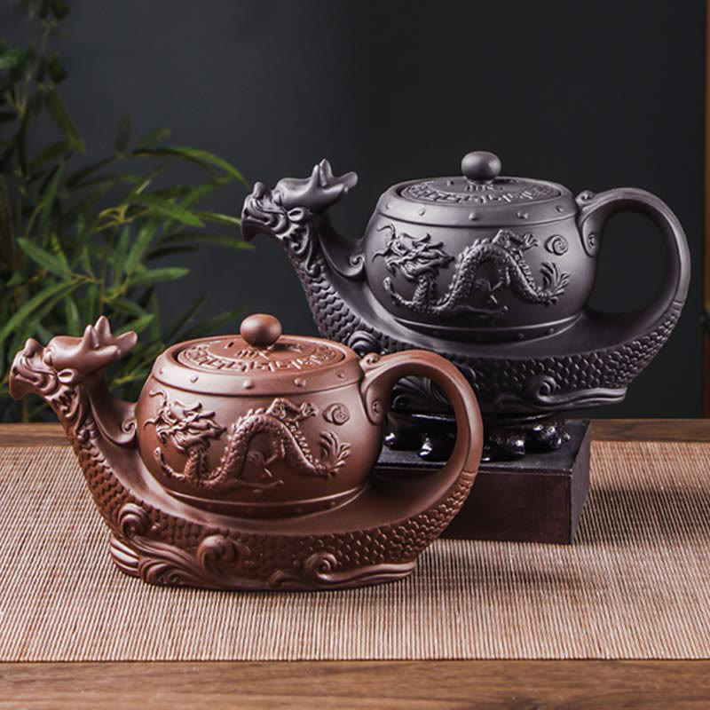 Teekanne Lila Ton Drache Glückswolken Vintage Keramik