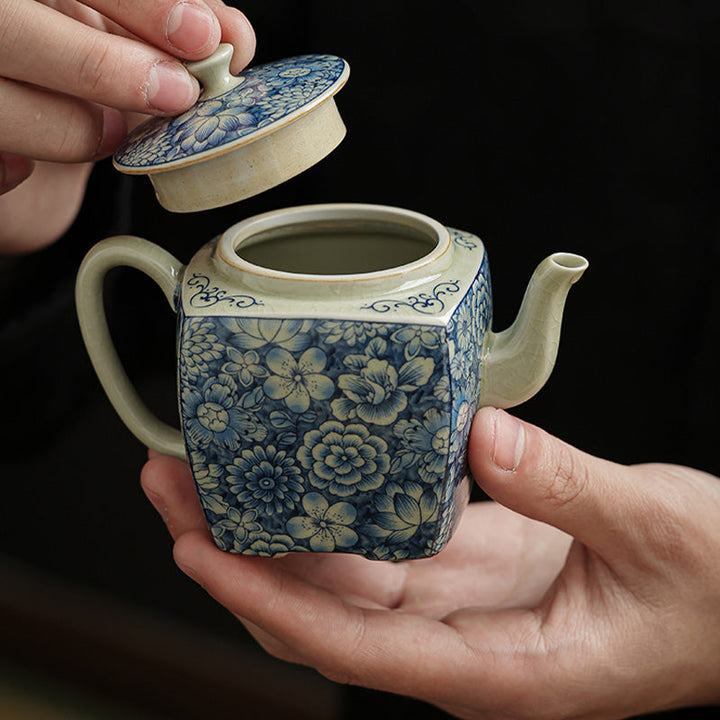 Teekanne Mit Tasse Porzellan Blau Weiß Sieb Matcha