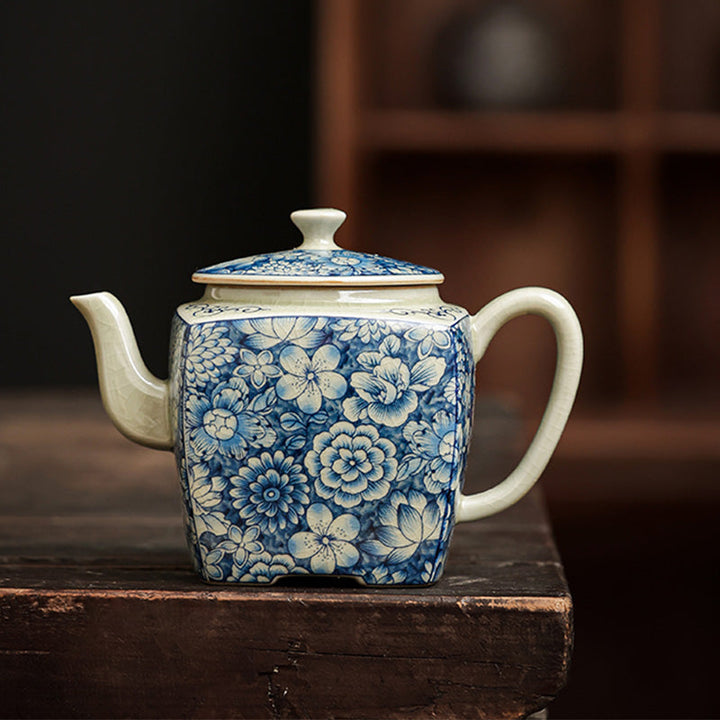 Teekanne Mit Tasse Porzellan Blau Weiß Sieb