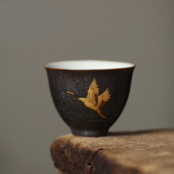 Teetasse Büro Goldener Kranich Keramik Deko
