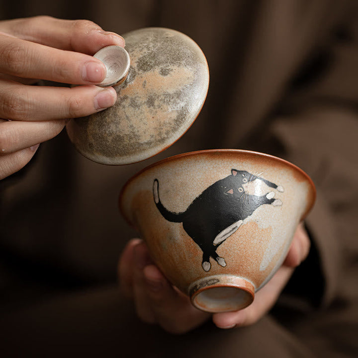 Teetasse Mit Deckel Katze Gaiwan Keramik Porzellan