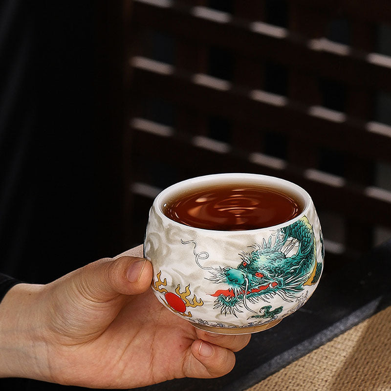 Teetasse Mit Henkel Drache Kranich Lotus Gaiwan