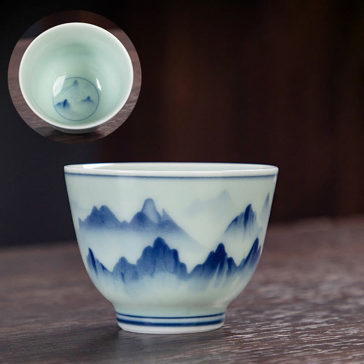 Teetasse Mit Henkel Blaue Landschaft Lotus Katze Gaiwan