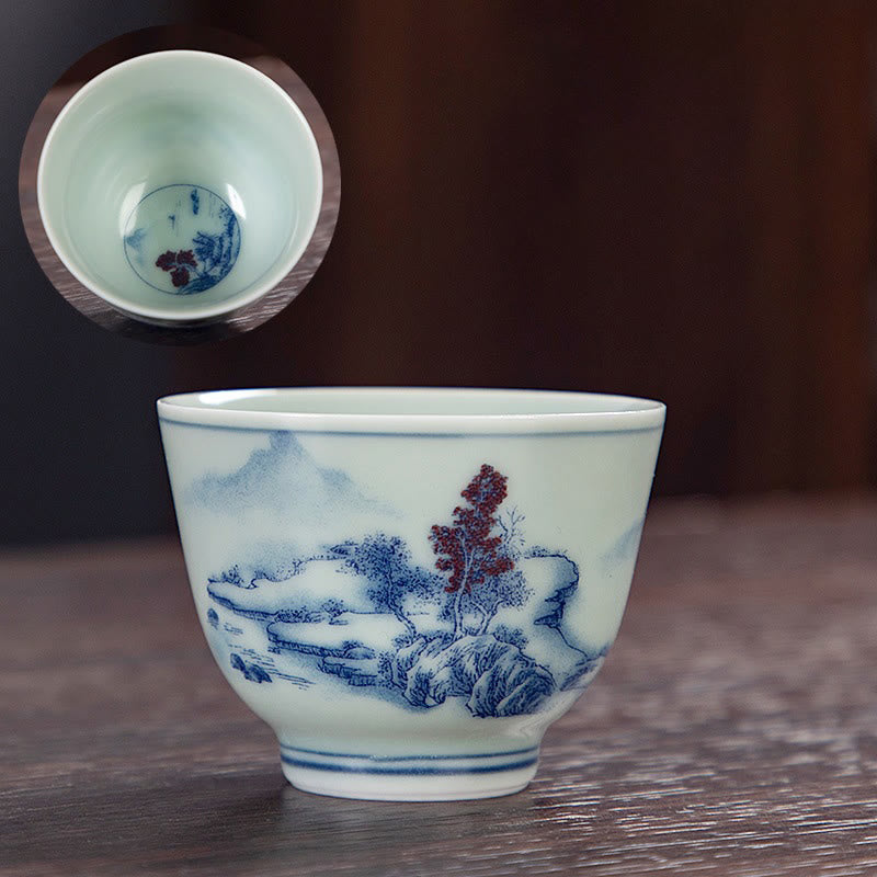Teetasse Mit Henkel Blaue Landschaft Lotus Katze Keramik