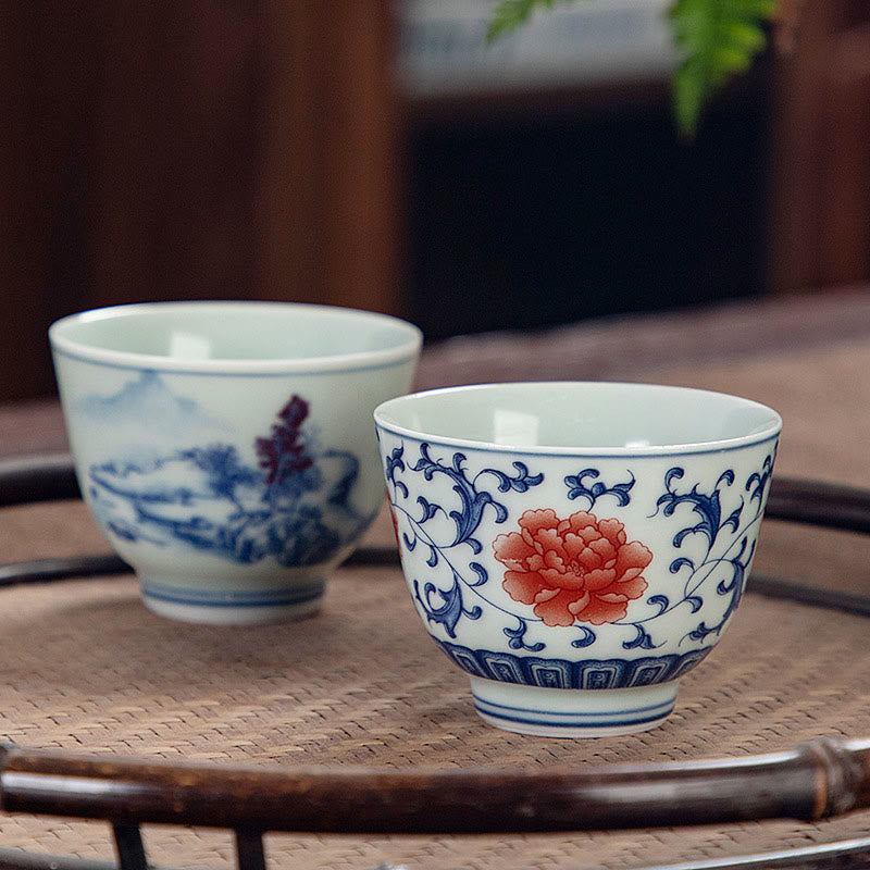 Teetasse Mit Henkel Blaue Landschaft Lotus Katze Porzellan