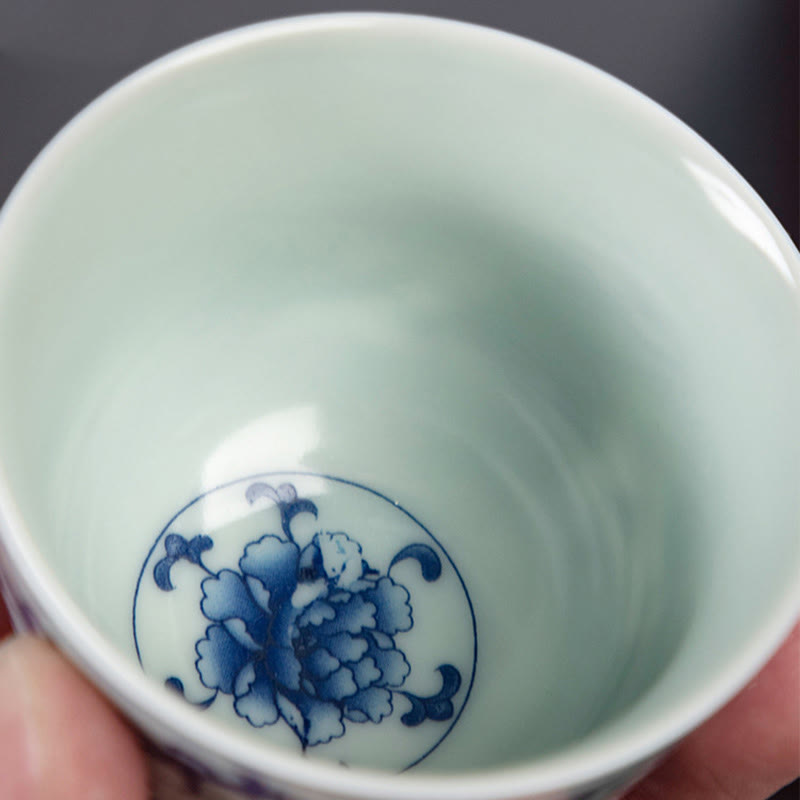 Teetasse Mit Henkel Blaue Landschaft Lotus Katze Teezeremonie