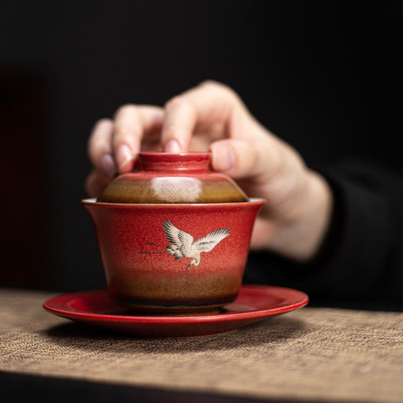 Teetasse Mit Sieb Und Deckel Kranich Sancai Keramik