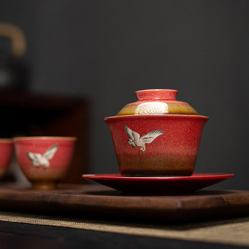 Teetasse Mit Sieb Und Deckel Kranich Sancai Porzellan
