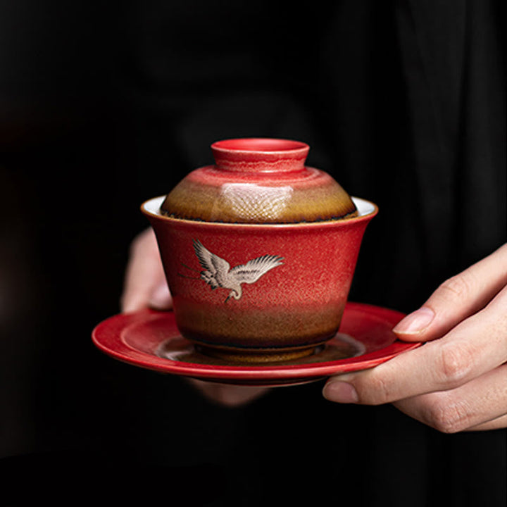 Teetasse Mit Sieb Und Deckel Kranich Sancai Teezeremonie