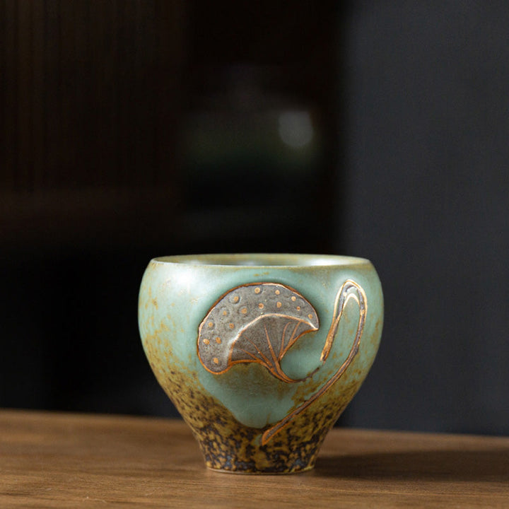Teetasse Porzellan Lotus Gravur Kung Fu