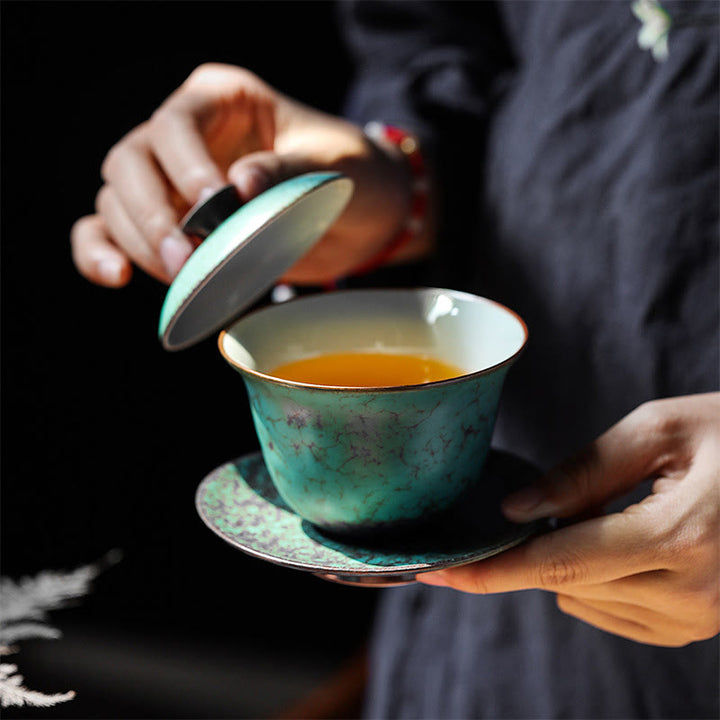 Teetassen Mit Deckel Gaiwan Grün Glasur Sancai Keramik