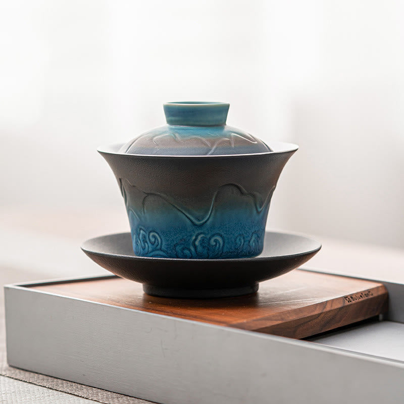 Teetassen Mit Untertassen Gaiwan Blau Wellen Keramik