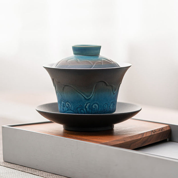 Teetassen Mit Untertassen Gaiwan Blau Wellen Keramik