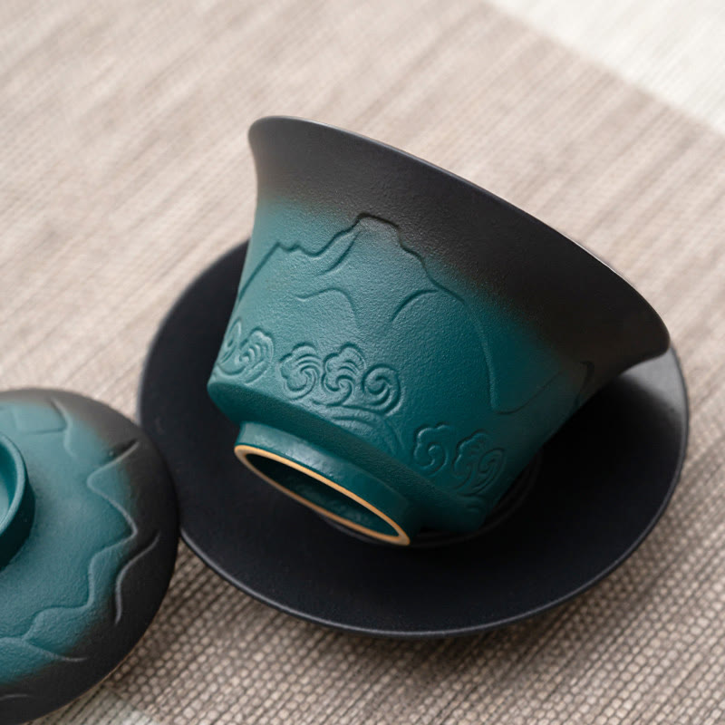 Teetassen Mit Untertassen Gaiwan Blau Wellen Matcha