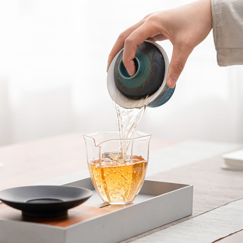 Teetassen Mit Untertassen Gaiwan Blau Wellen Porzellan