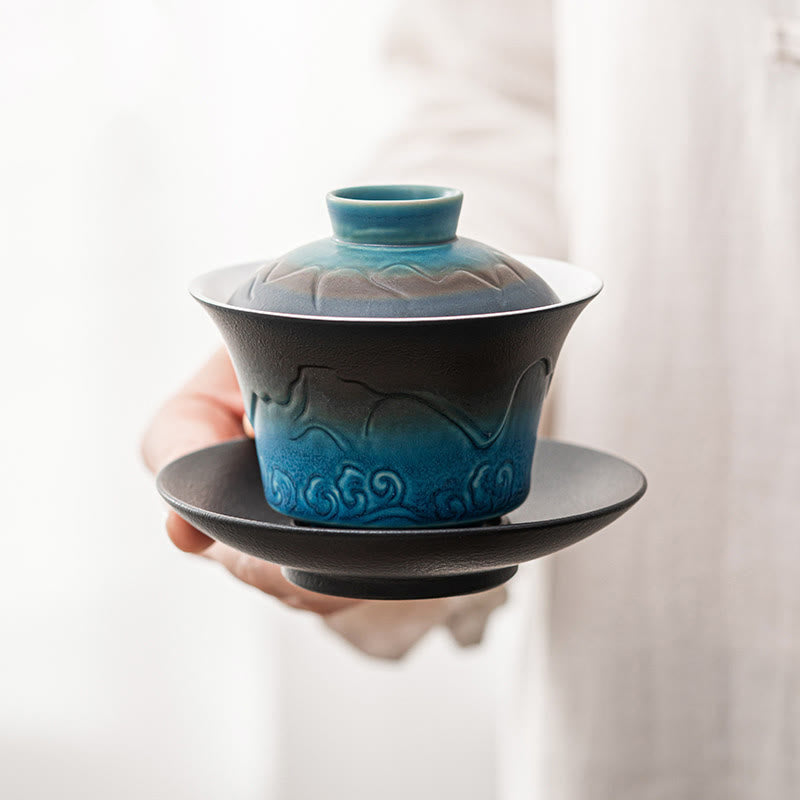 Teetassen Mit Untertassen Gaiwan Blau Wellen